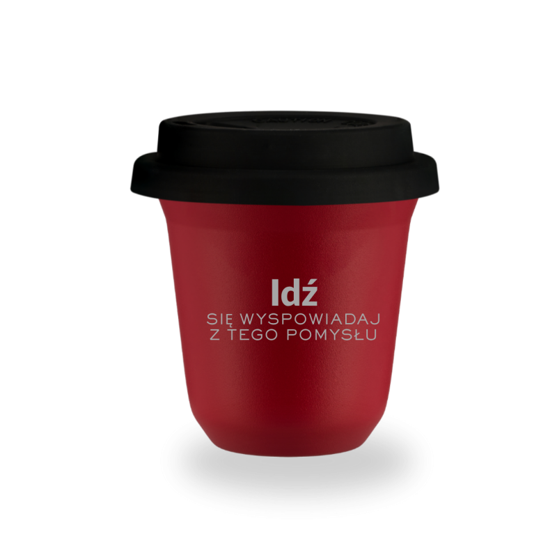 Kubek 150 ml CZERWONY "Idź się wyspowiadaj z tego pomysłu", z pokrywką czarną